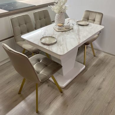 Обідній комплект стіл Slide 1100-1500х700 біле дерево + 4 стільця Моко на золотих ніжках