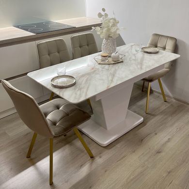 Обідній комплект стіл Slide 1100-1500х700 біле дерево + 4 стільця Моко на золотих ніжках