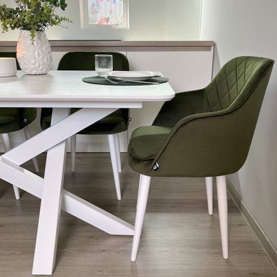 Обідній комплект стіл Lars 1500-1900х800 Білий + 4 крісла Оливка на білих ніжках